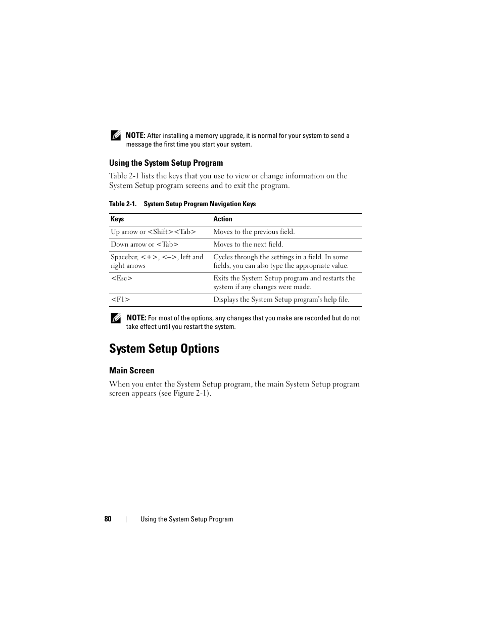 Using the system setup program, System setup options, Main screen | Dell PowerEdge M805 User Manual | Page 80 / 236