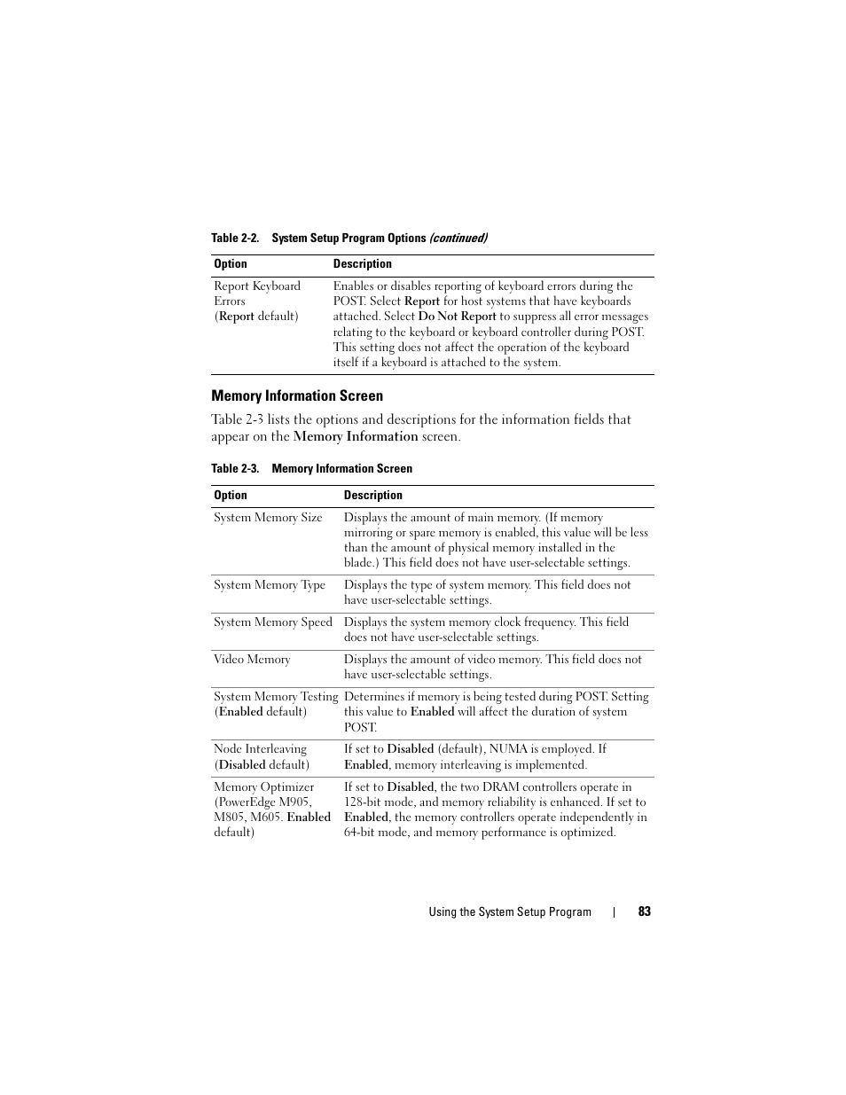 Memory information screen | Dell PowerEdge M805 User Manual | Page 83 / 236