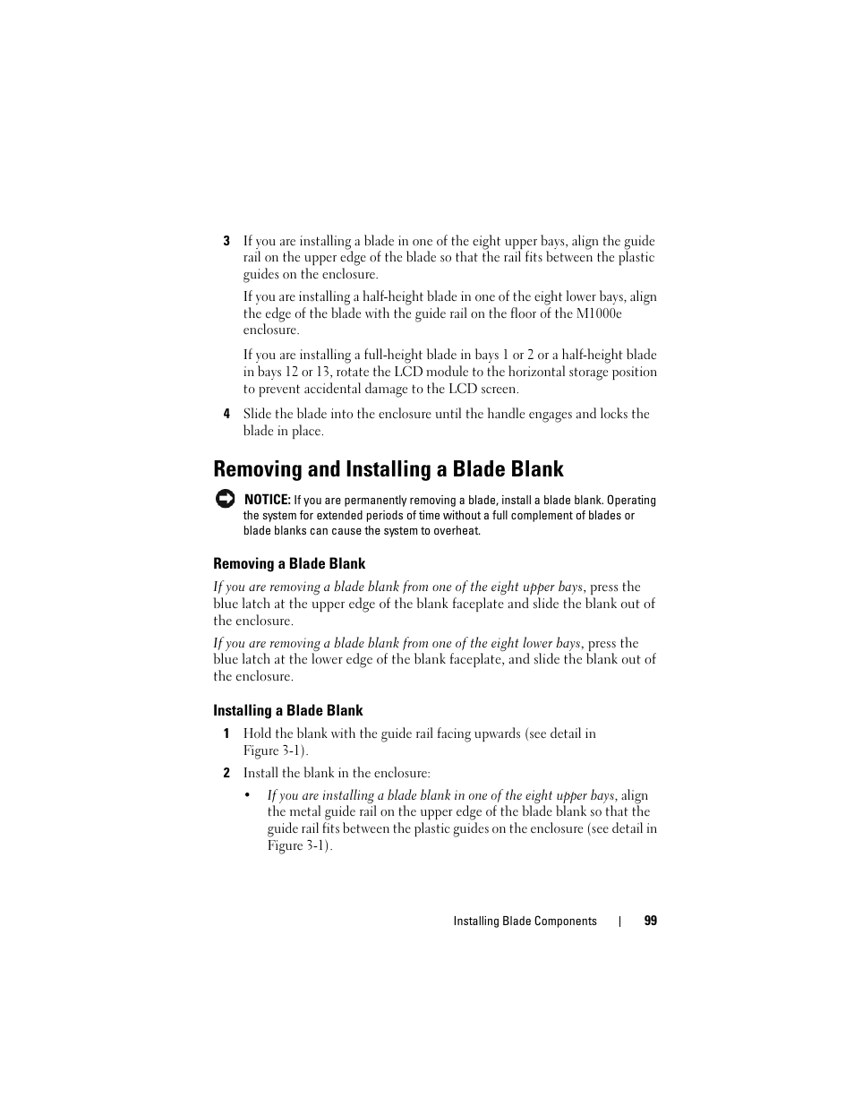 Removing and installing a blade blank, Removing a blade blank, Installing a blade blank | Dell PowerEdge M805 User Manual | Page 99 / 236