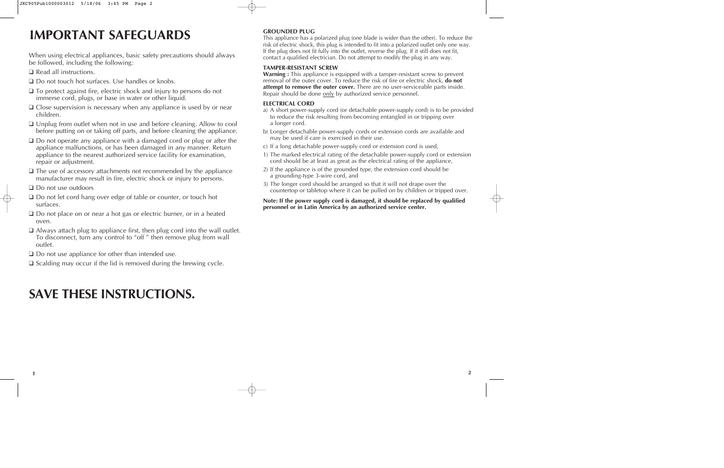 Important safeguards, Save these instructions | Black & Decker JKC905 User Manual | Page 2 / 11