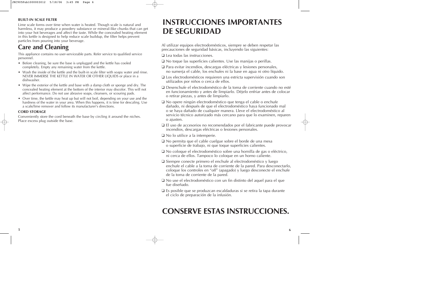 Instrucciones importantes de seguridad, Conserve estas instrucciones, Care and cleaning | Black & Decker JKC905 User Manual | Page 4 / 11