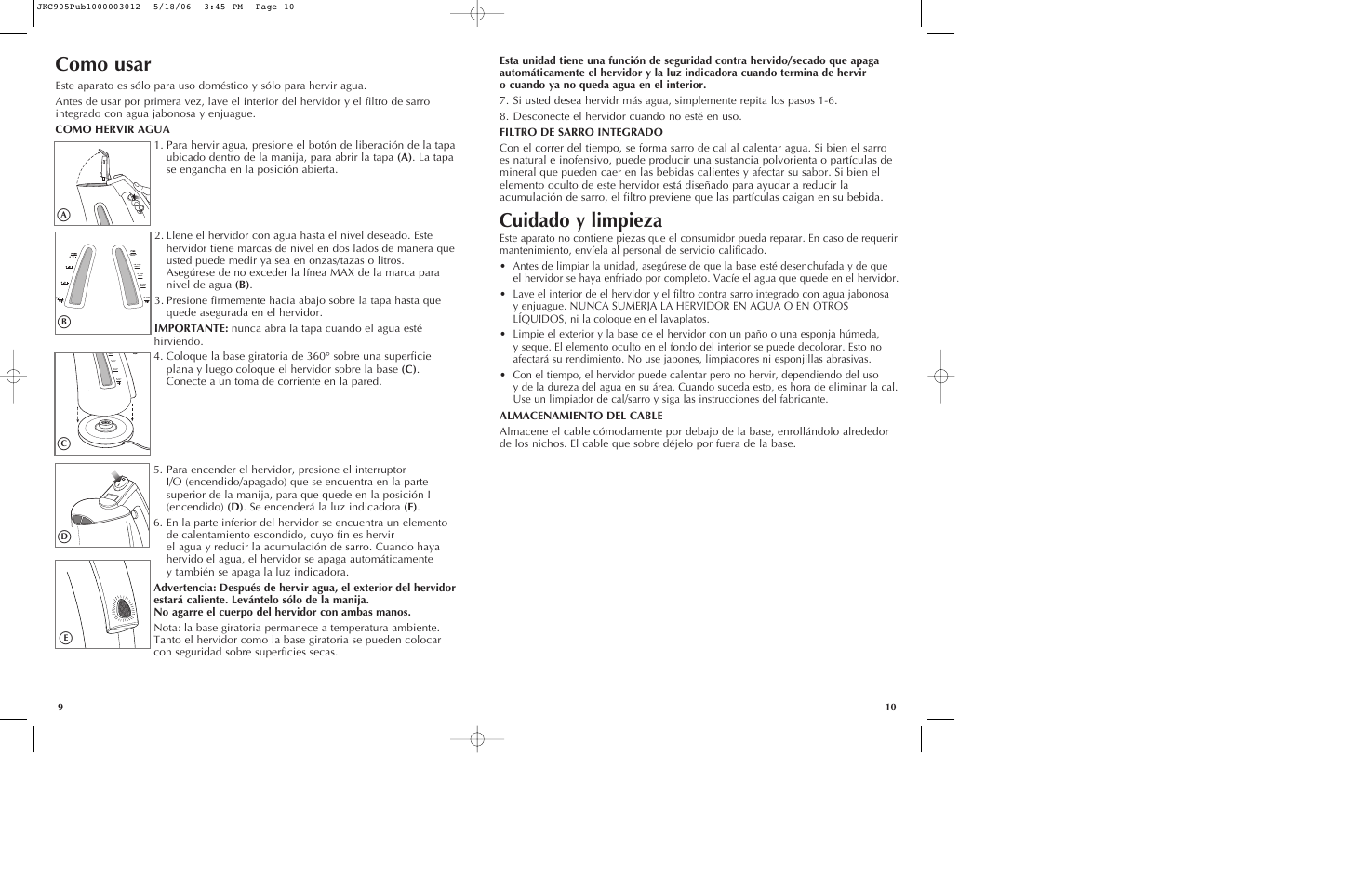 Como usar, Cuidado y limpieza | Black & Decker JKC905 User Manual | Page 6 / 11