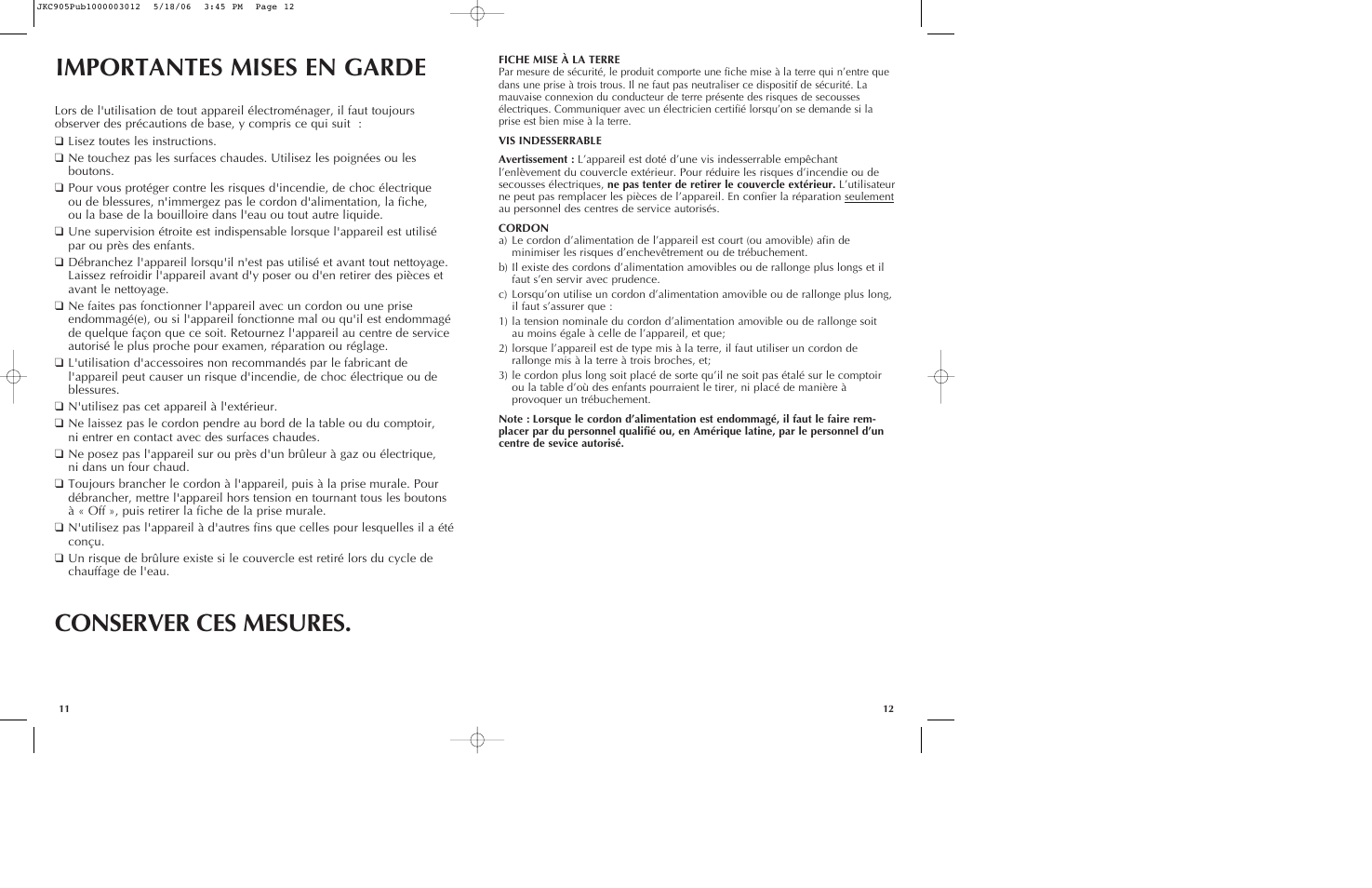 Importantes mises en garde, Conserver ces mesures | Black & Decker JKC905 User Manual | Page 7 / 11