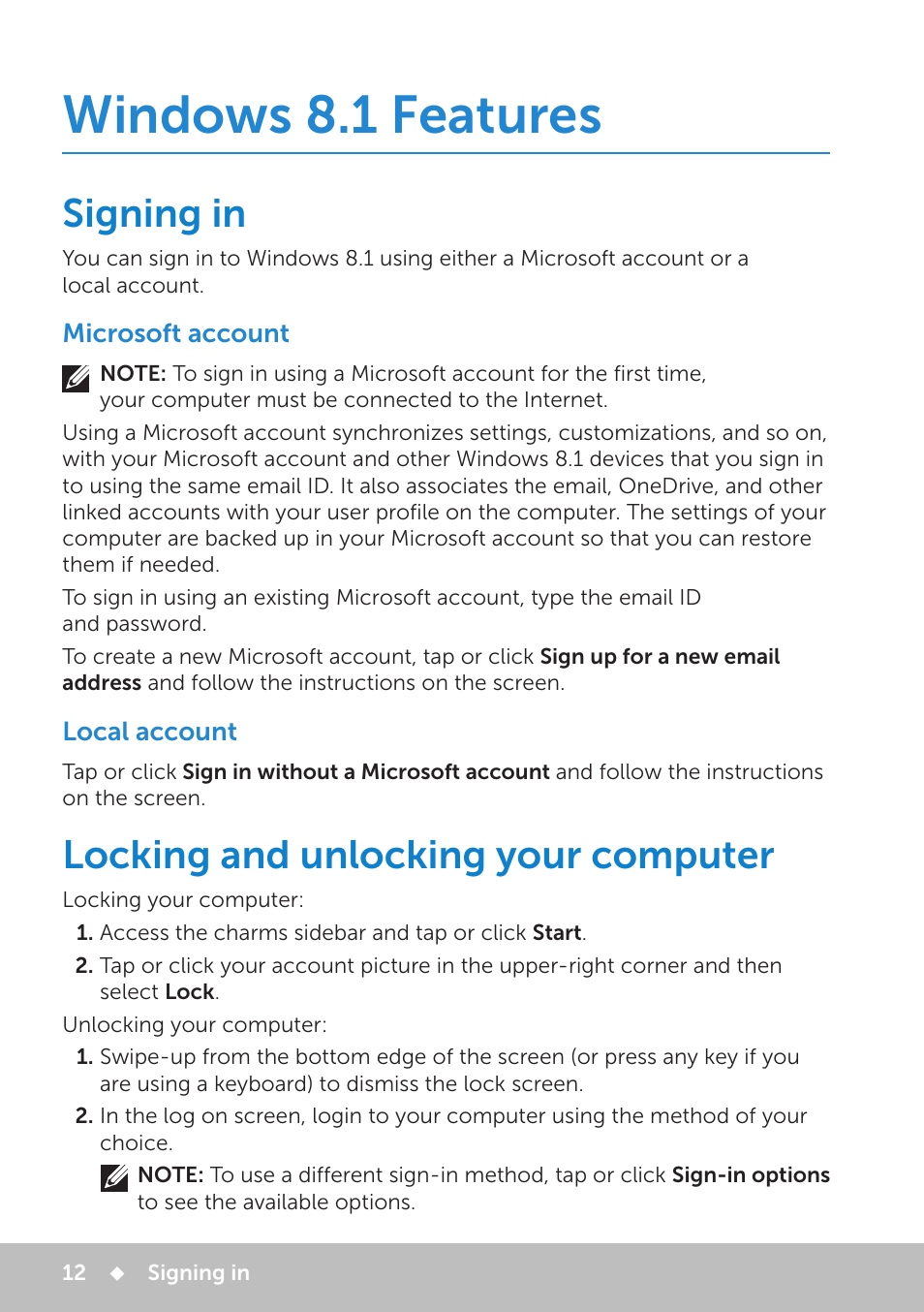 Windows 8.1 features, Signing in, Microsoft account | Local account, Locking and unlocking your computer | Dell Inspiron 13 7000 Series 2-in-1(7348, Early 2015) User Manual | Page 12 / 102