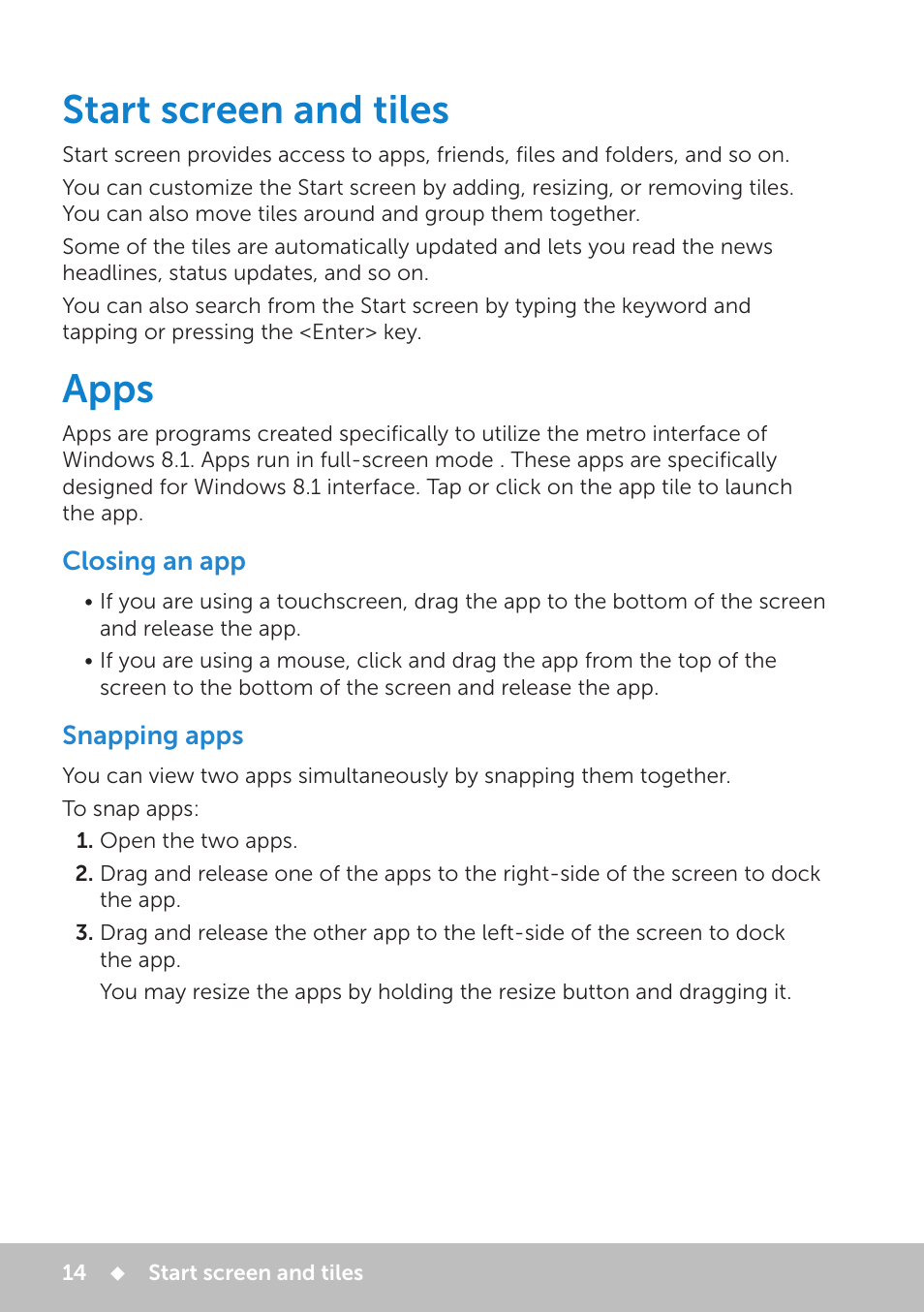 Start screen and tiles, Apps, Closing an app | Snapping apps, Apps 14 | Dell Inspiron 13 7000 Series 2-in-1(7348, Early 2015) User Manual | Page 14 / 102