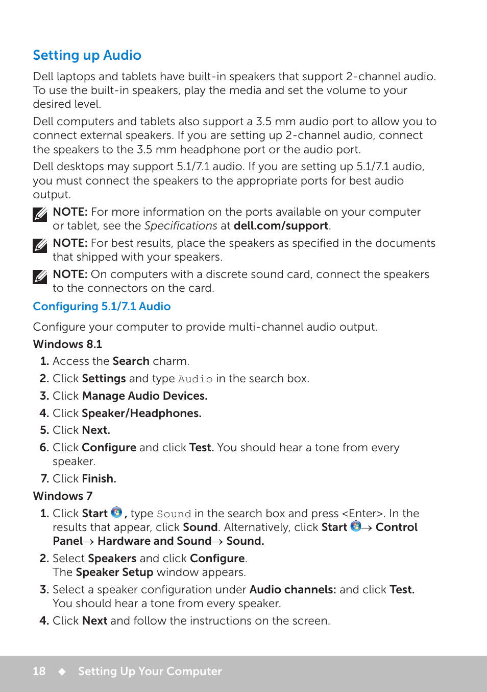 Setting up audio, Configuring 5.1/7.1 audio | Dell Inspiron 13 7000 Series 2-in-1(7348, Early 2015) User Manual | Page 18 / 102