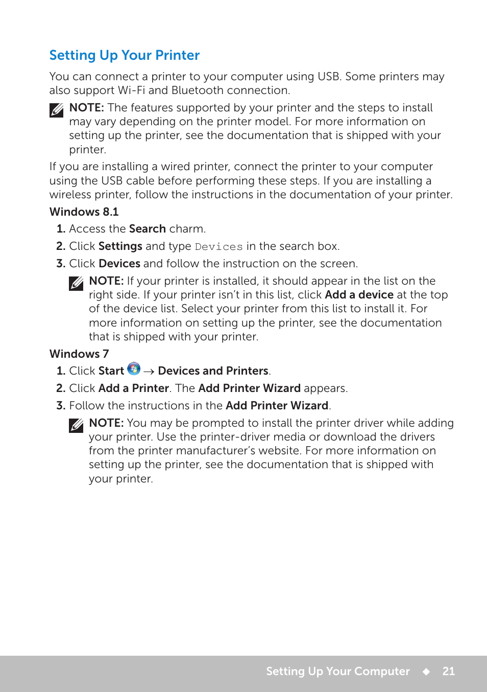Setting up your printer | Dell Inspiron 13 7000 Series 2-in-1(7348, Early 2015) User Manual | Page 21 / 102