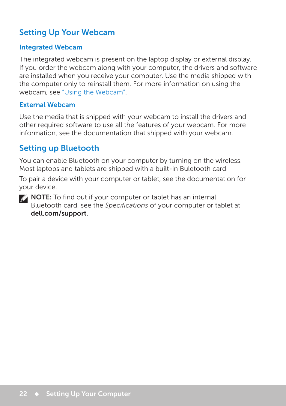 Setting up your webcam, Integrated webcam, External webcam | Setting up bluetooth | Dell Inspiron 13 7000 Series 2-in-1(7348, Early 2015) User Manual | Page 22 / 102
