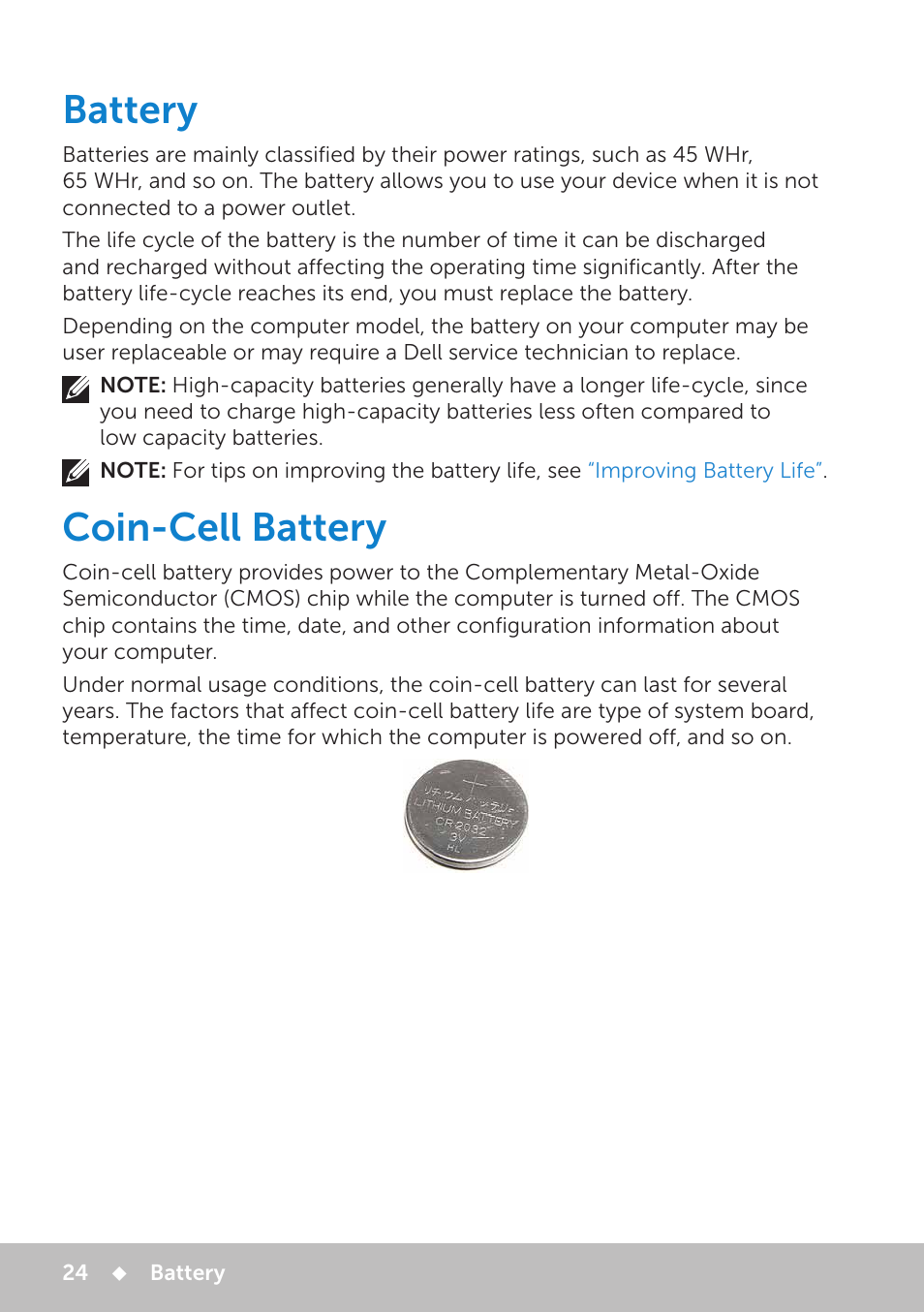 Battery, Coin-cell battery, Battery 24 coin-cell battery | Coin‑cell battery | Dell Inspiron 13 7000 Series 2-in-1(7348, Early 2015) User Manual | Page 24 / 102
