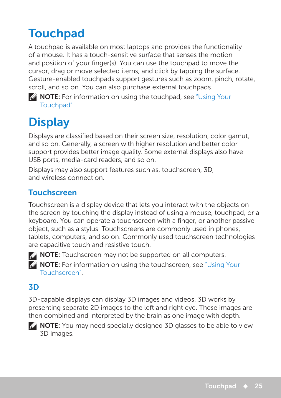 Touchpad, Display, Touchscreen | Touchpad 25 display 25, Touchscreen 25, 3d 25 | Dell Inspiron 13 7000 Series 2-in-1(7348, Early 2015) User Manual | Page 25 / 102