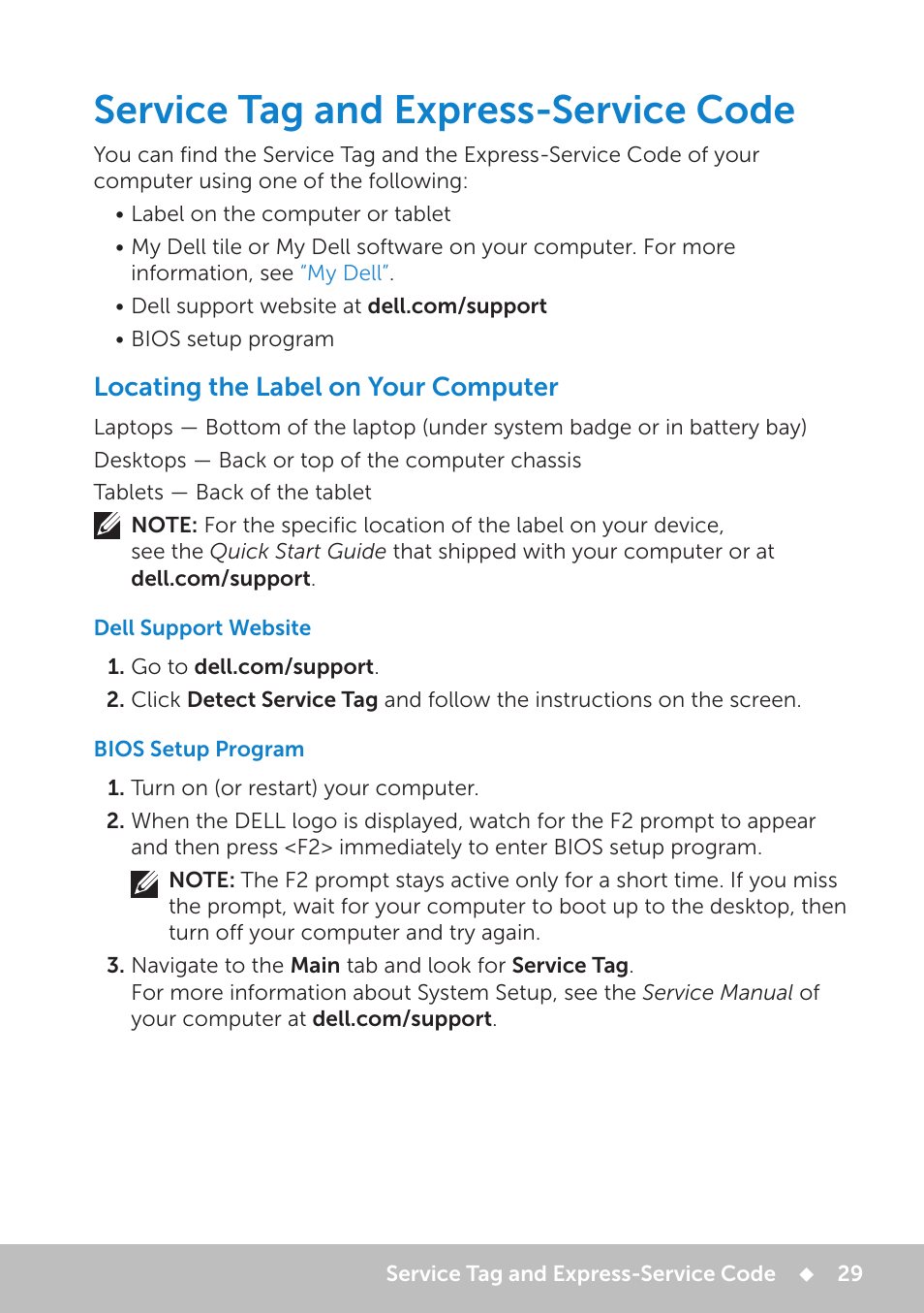 Service tag and express-service code, Locating the label on your computer, Dell support website | Bios setup program, Service tag and express‑service code | Dell Inspiron 13 7000 Series 2-in-1(7348, Early 2015) User Manual | Page 29 / 102