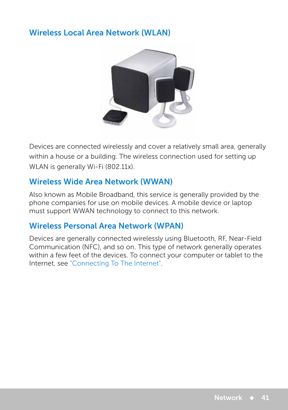 Wireless local area network (wlan), Wireless wide area network (wwan), Wireless personal area network (wpan) | Dell Inspiron 13 7000 Series 2-in-1(7348, Early 2015) User Manual | Page 41 / 102