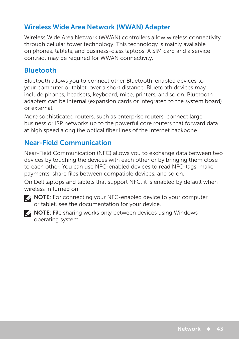 Wireless wide area network (wwan) adapter, Bluetooth, Near-field communication | Bluetooth 43, Near‑field communication | Dell Inspiron 13 7000 Series 2-in-1(7348, Early 2015) User Manual | Page 43 / 102