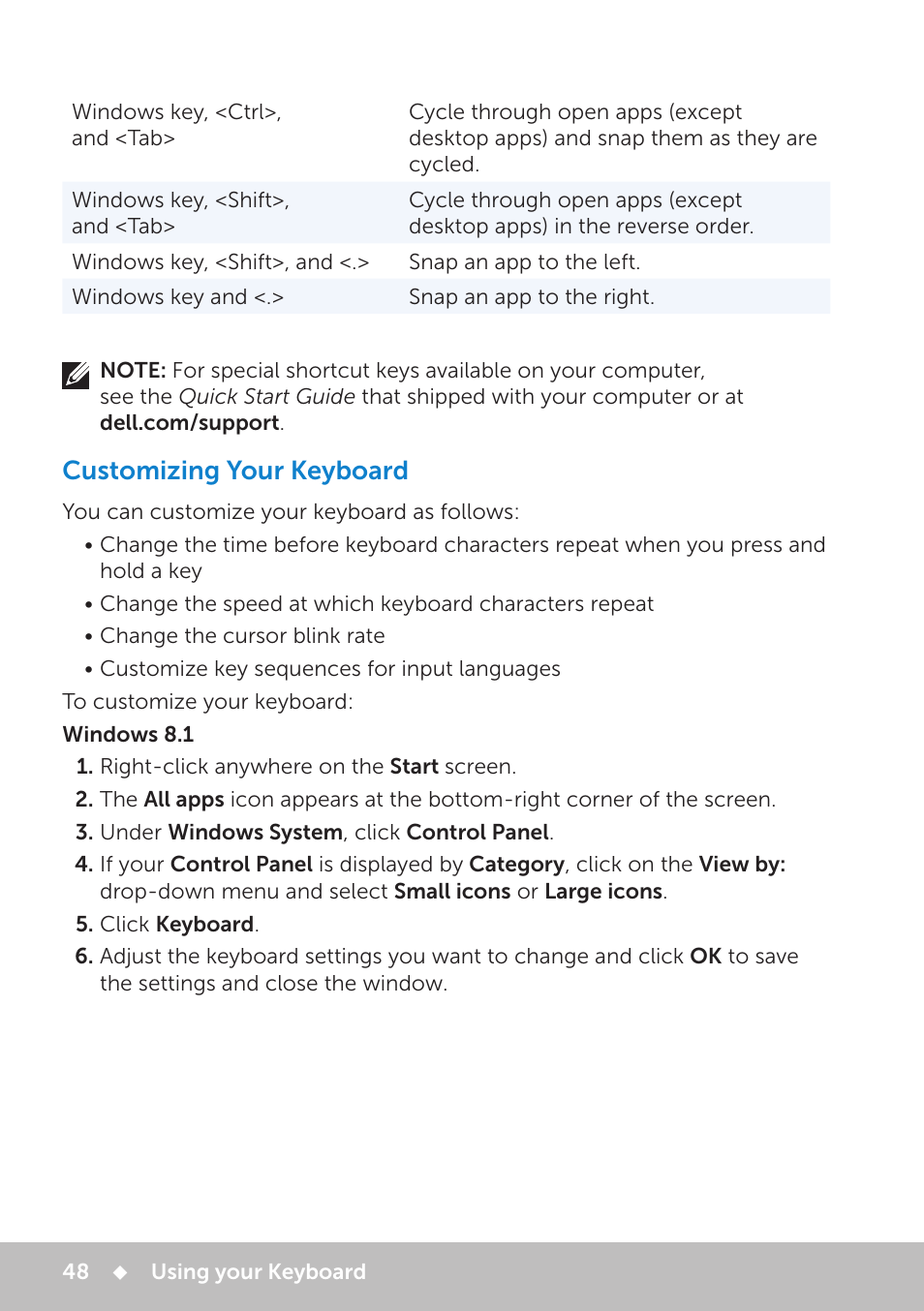 Customizing your keyboard | Dell Inspiron 13 7000 Series 2-in-1(7348, Early 2015) User Manual | Page 48 / 102