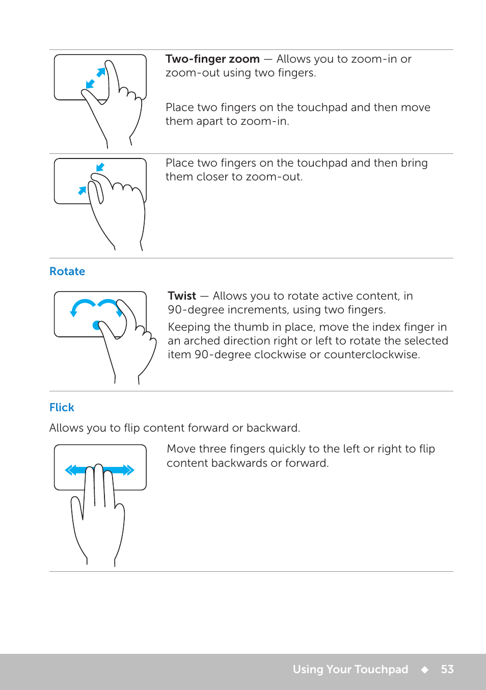 Rotate, Flick, Rotate 53 | Flick 53 | Dell Inspiron 13 7000 Series 2-in-1(7348, Early 2015) User Manual | Page 53 / 102