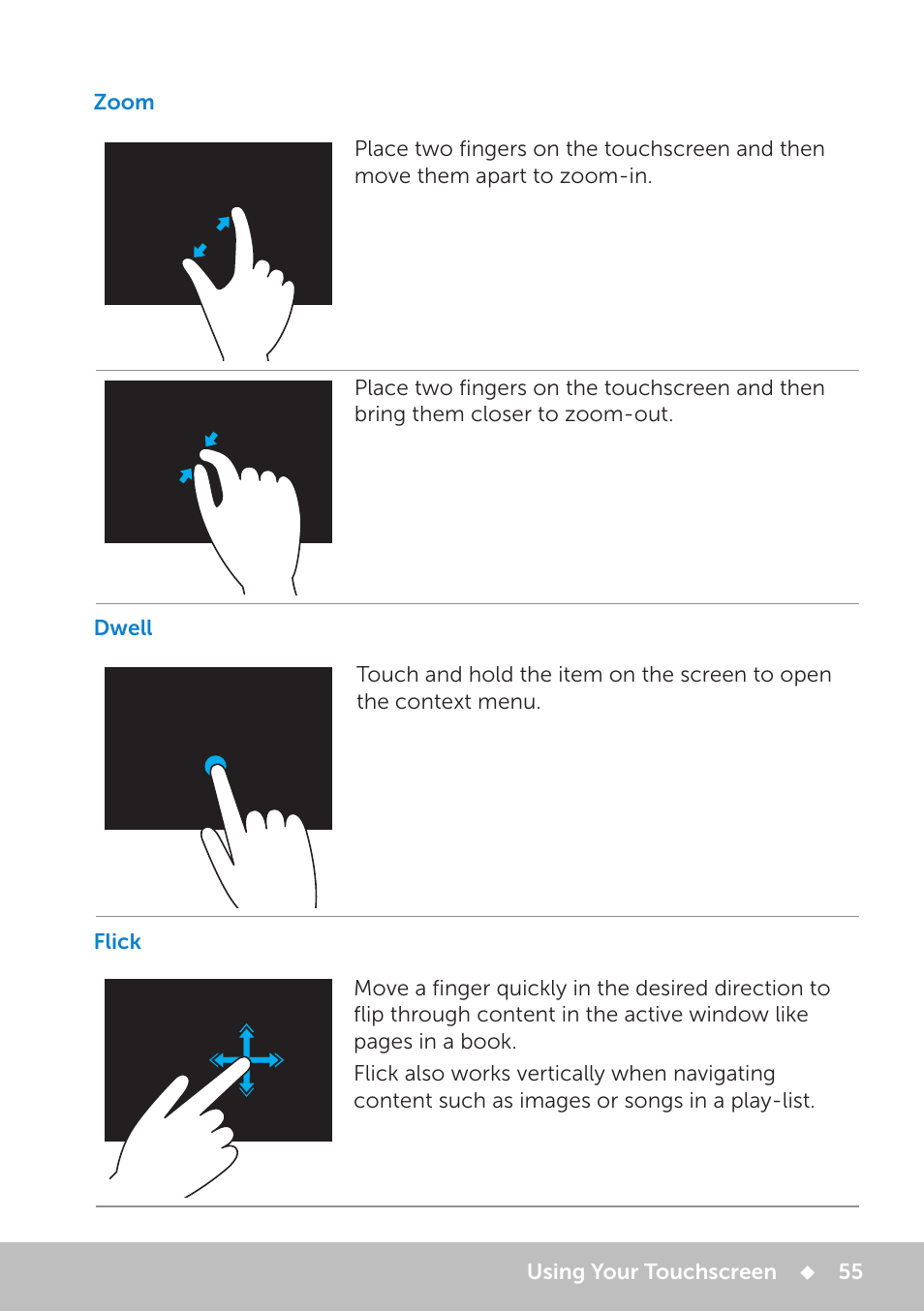 Zoom, Dwell, Flick | Zoom 55, Dwell 55, Flick 55 | Dell Inspiron 13 7000 Series 2-in-1(7348, Early 2015) User Manual | Page 55 / 102