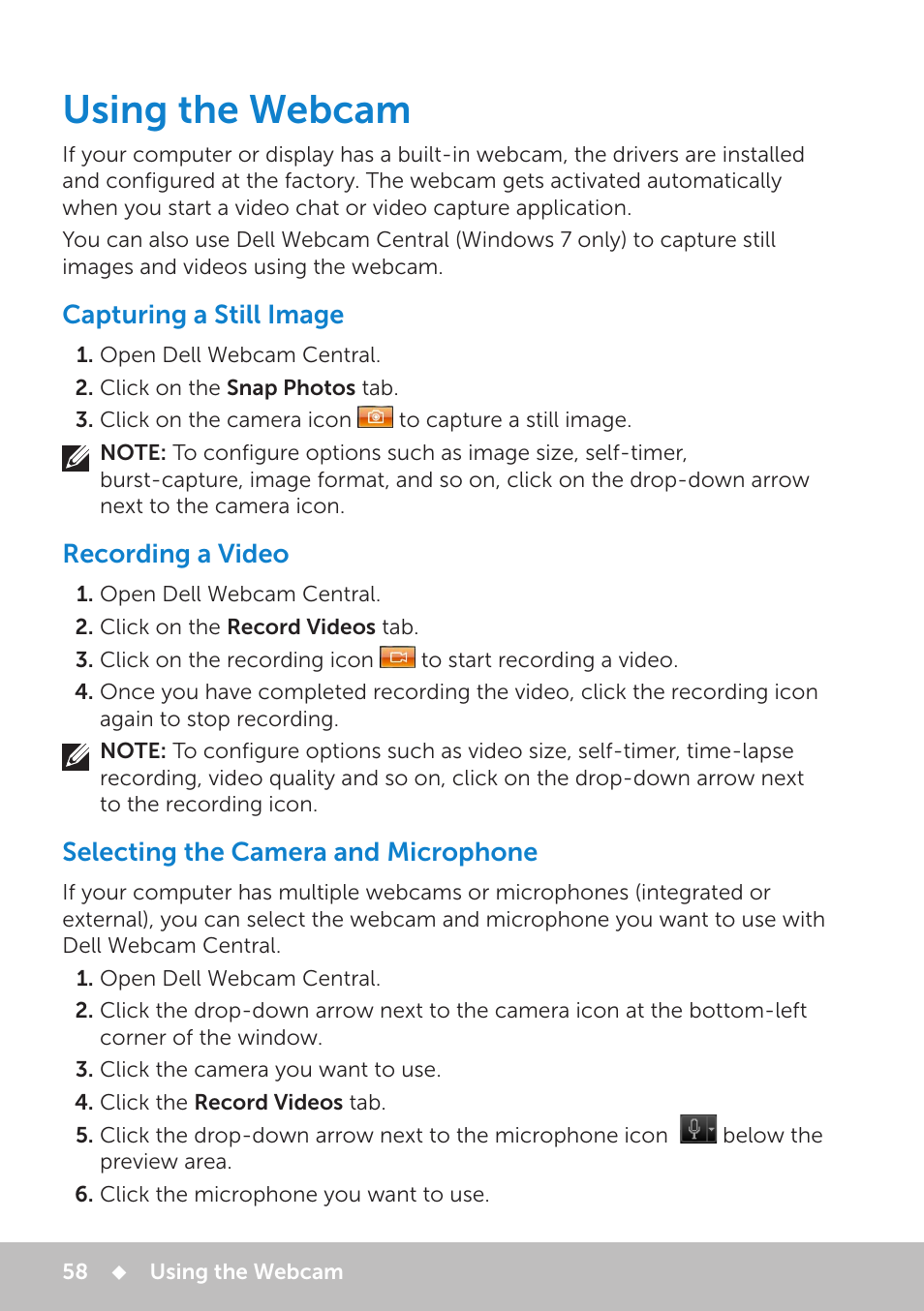 Using the webcam, Capturing a still image, Recording a video | Selecting the camera and microphone | Dell Inspiron 13 7000 Series 2-in-1(7348, Early 2015) User Manual | Page 58 / 102