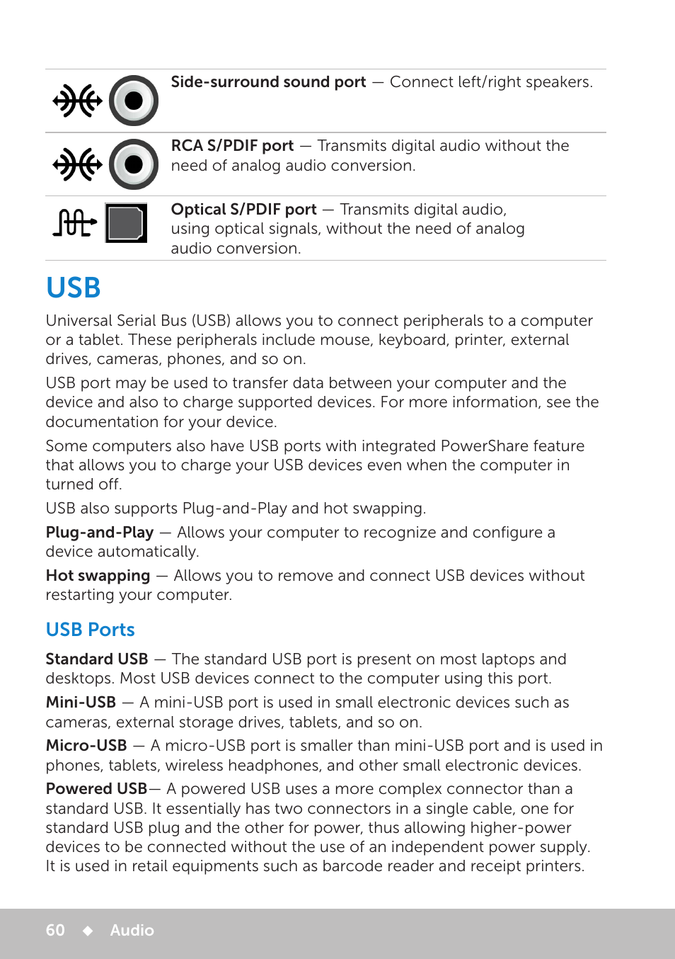 Usb ports, Usb 60 | Dell Inspiron 13 7000 Series 2-in-1(7348, Early 2015) User Manual | Page 60 / 102