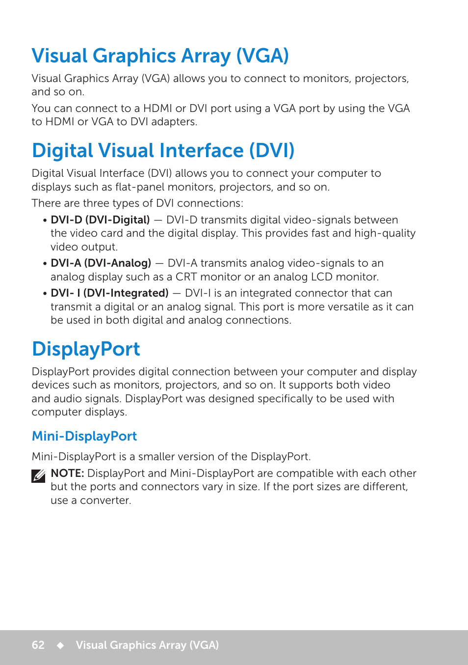 Visual graphics array (vga), Digital visual interface (dvi), Displayport | Mini-displayport, Displayport 62, Mini-displayport 62 | Dell Inspiron 13 7000 Series 2-in-1(7348, Early 2015) User Manual | Page 62 / 102