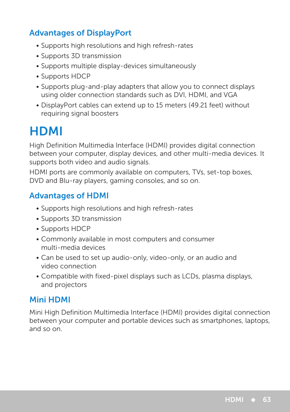 Advantages of displayport, Hdmi, Advantages of hdmi | Mini hdmi, Hdmi 63 | Dell Inspiron 13 7000 Series 2-in-1(7348, Early 2015) User Manual | Page 63 / 102