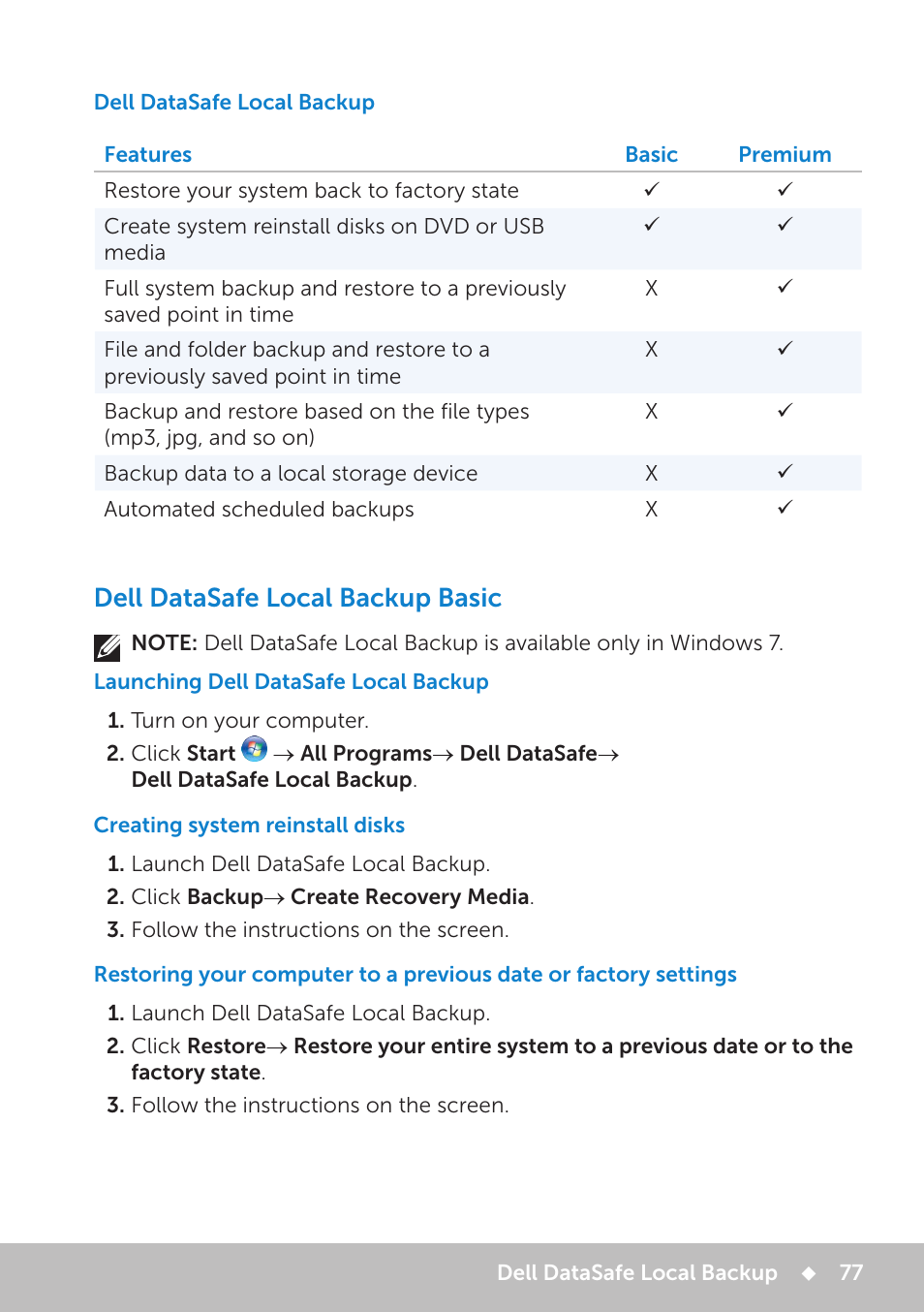 Dell datasafe local backup, Dell datasafe local backup basic, Launching dell datasafe local backup | Creating system reinstall disks | Dell Inspiron 13 7000 Series 2-in-1(7348, Early 2015) User Manual | Page 77 / 102