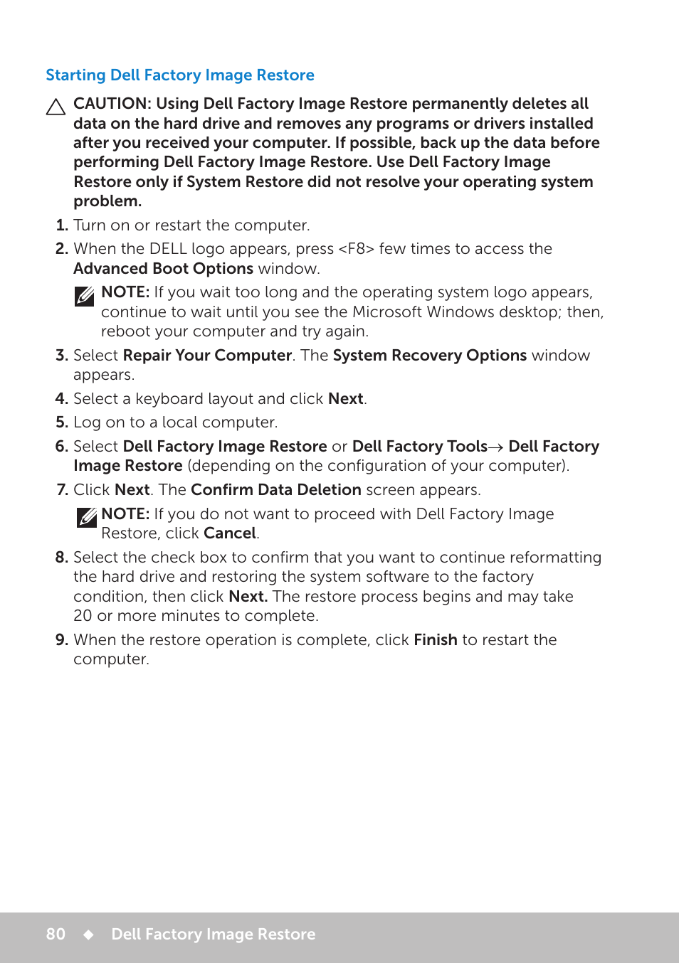Starting dell factory image restore | Dell Inspiron 13 7000 Series 2-in-1(7348, Early 2015) User Manual | Page 80 / 102