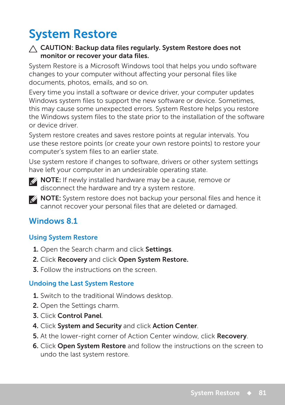 System restore, Windows 8.1, Using system restore | Undoing the last system restore | Dell Inspiron 13 7000 Series 2-in-1(7348, Early 2015) User Manual | Page 81 / 102