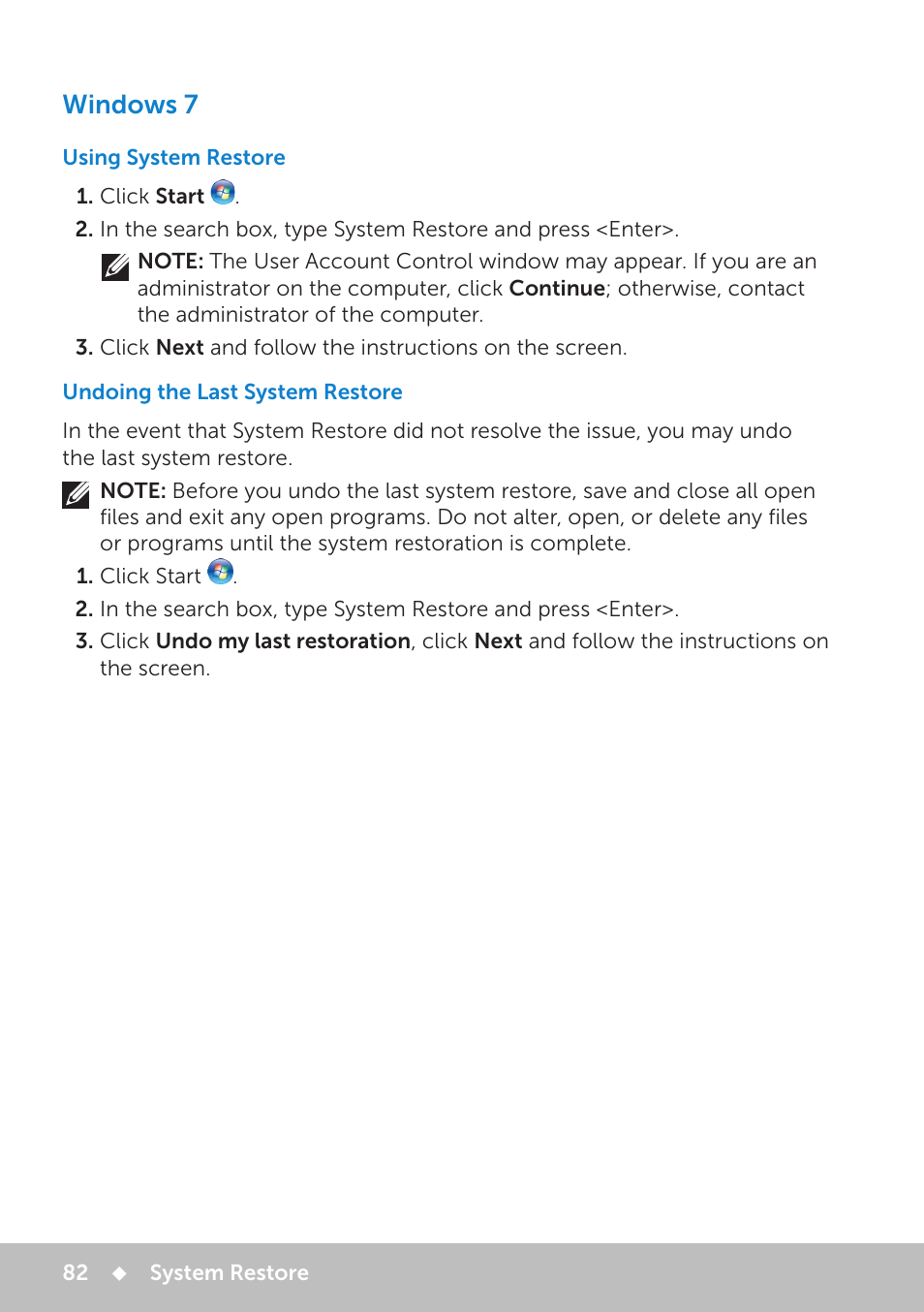 Windows 7, Using system restore, Undoing the last system restore | Dell Inspiron 13 7000 Series 2-in-1(7348, Early 2015) User Manual | Page 82 / 102