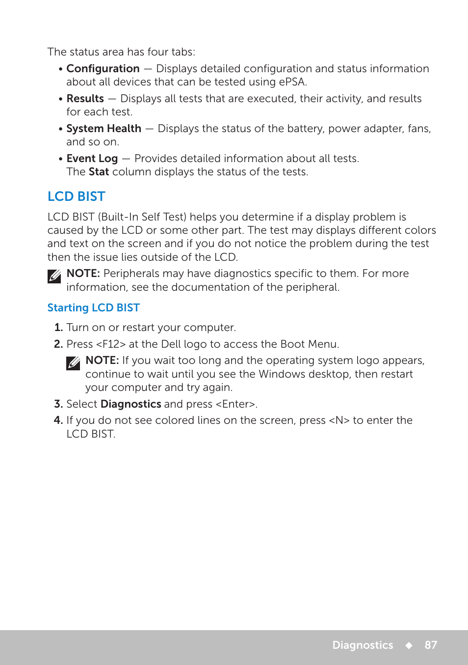 Lcd bist, Starting lcd bist | Dell Inspiron 13 7000 Series 2-in-1(7348, Early 2015) User Manual | Page 87 / 102