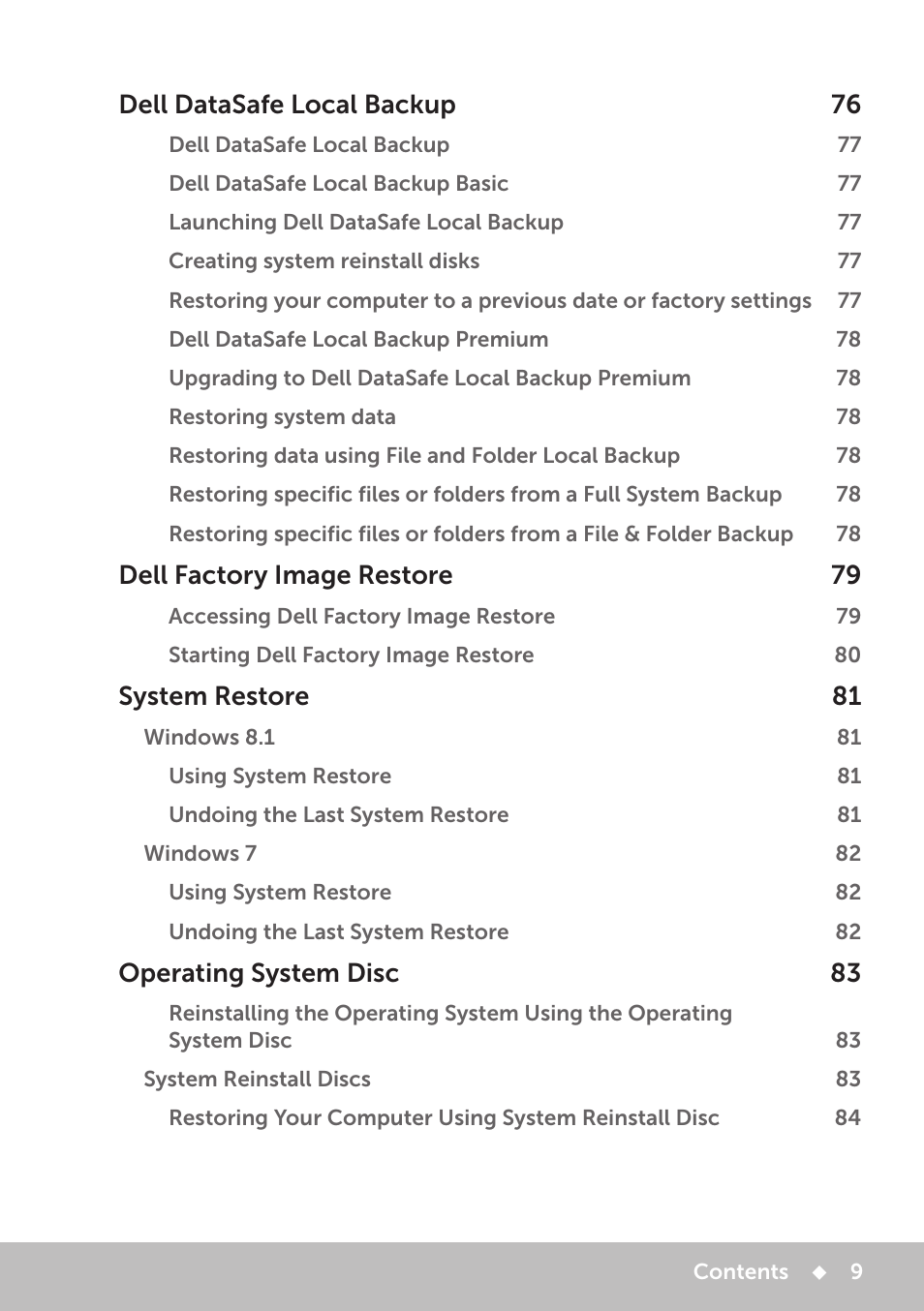 Dell datasafe local backup 76, Dell factory image restore 79, System restore 81 | Operating system disc 83 | Dell Inspiron 13 7000 Series 2-in-1(7348, Early 2015) User Manual | Page 9 / 102