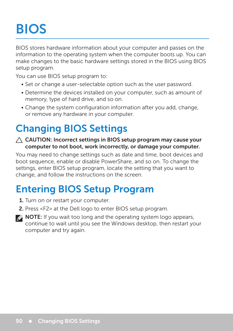 Bios, Changing bios settings, Entering bios setup program | Bios 90 | Dell Inspiron 13 7000 Series 2-in-1(7348, Early 2015) User Manual | Page 90 / 102