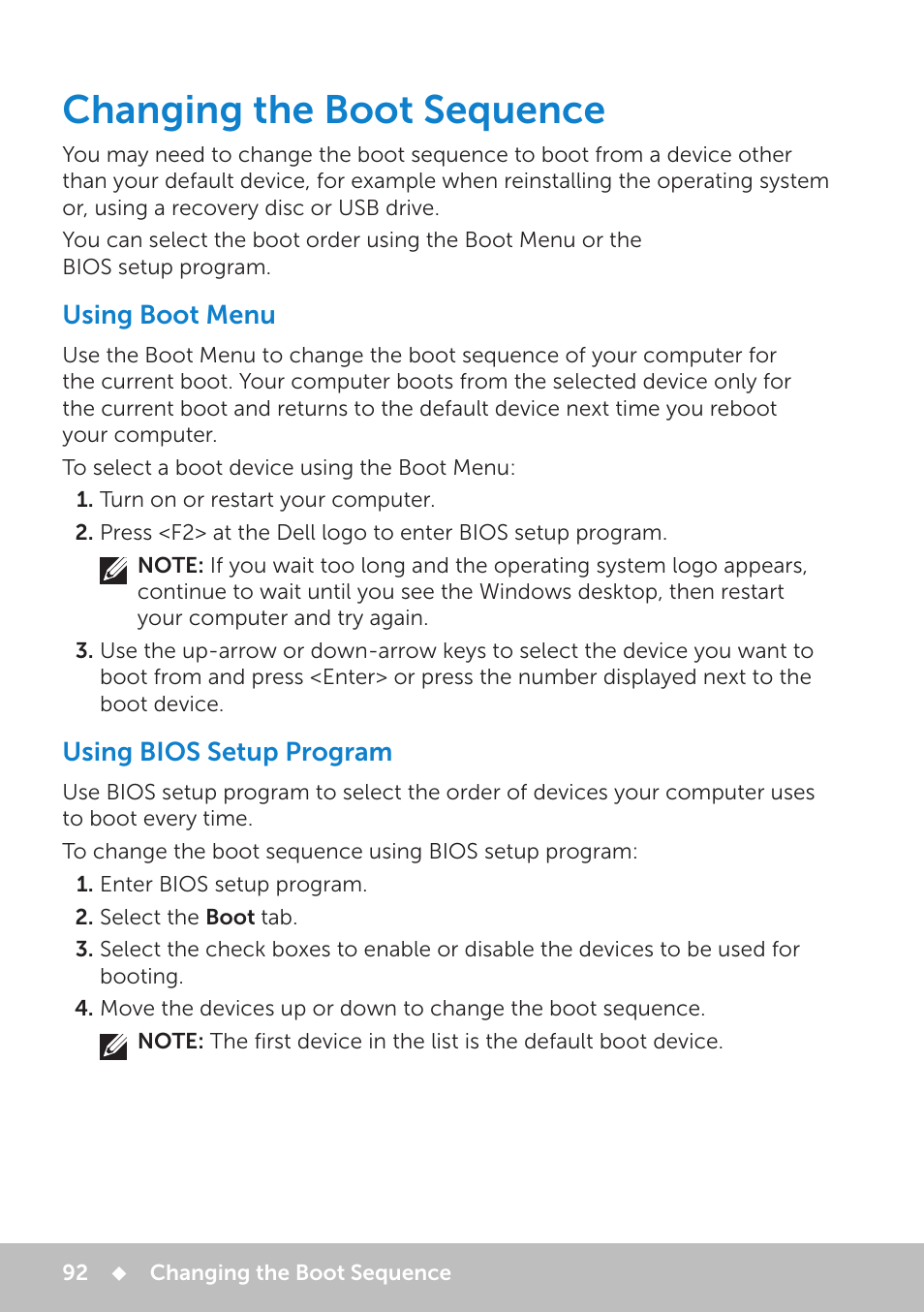 Changing the boot sequence, Using boot menu, Using bios setup program | Dell Inspiron 13 7000 Series 2-in-1(7348, Early 2015) User Manual | Page 92 / 102