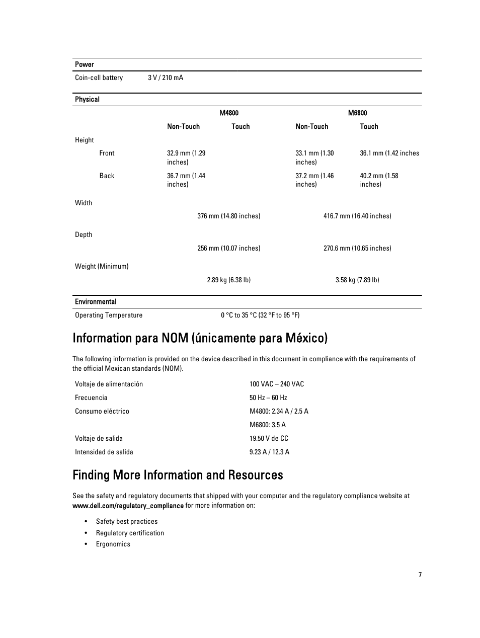 Finding more information and resources, Information para nom (únicamente para méxico) | Dell Precision M4800 (Late 2013) User Manual | Page 7 / 8