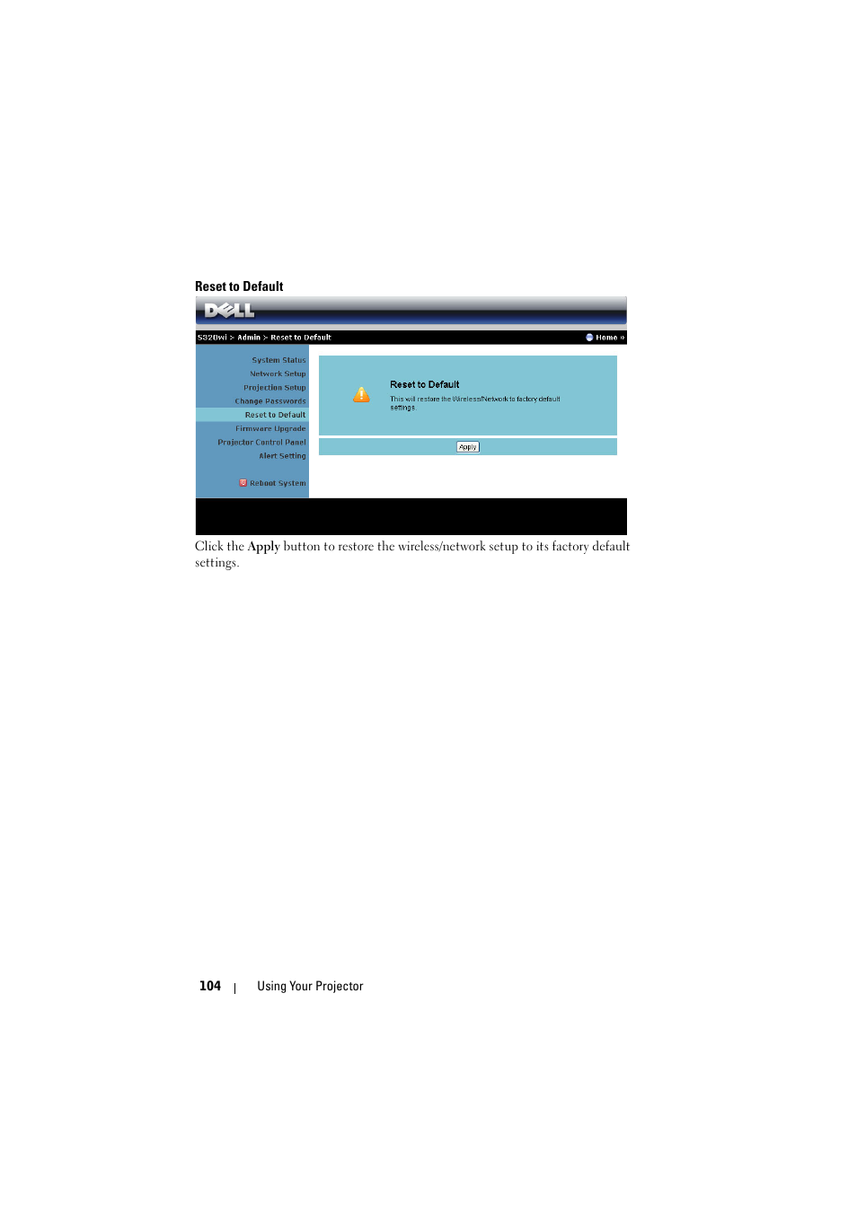 Reset to default | Dell S320wi Projector User Manual | Page 104 / 152