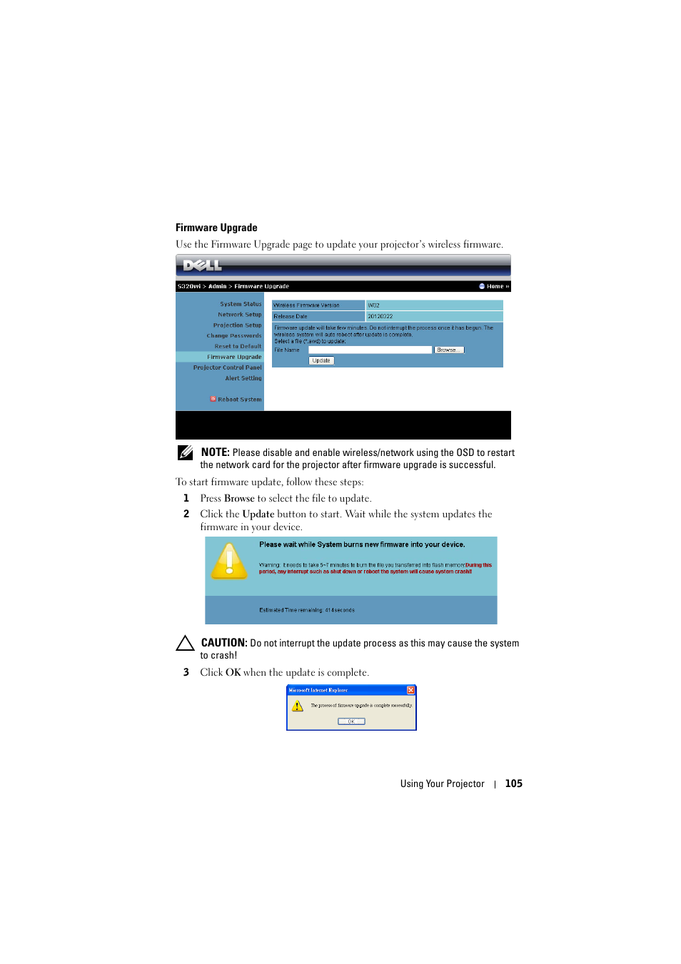 Firmware upgrade | Dell S320wi Projector User Manual | Page 105 / 152