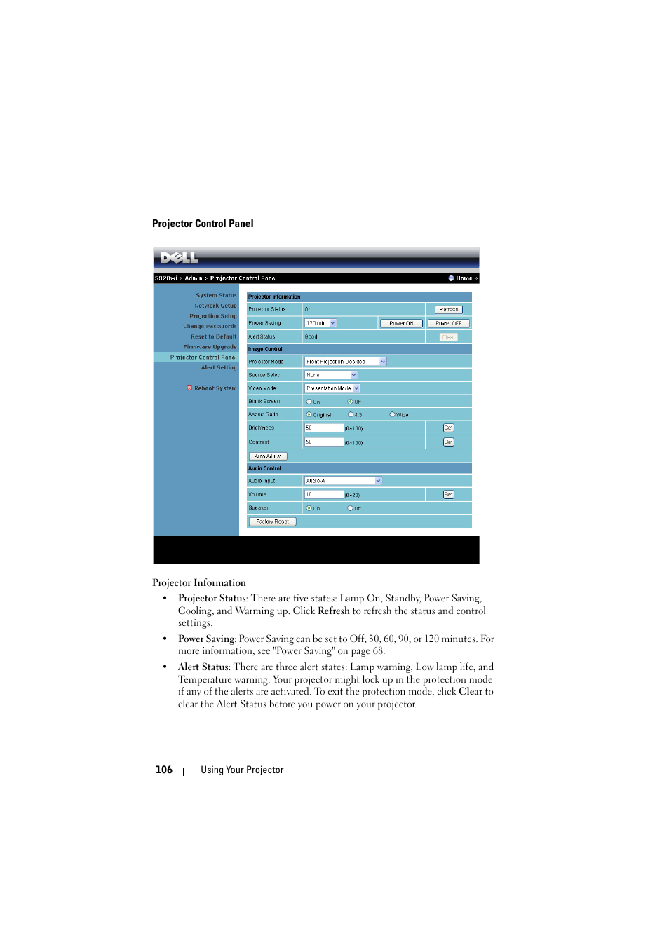 Projector control panel | Dell S320wi Projector User Manual | Page 106 / 152