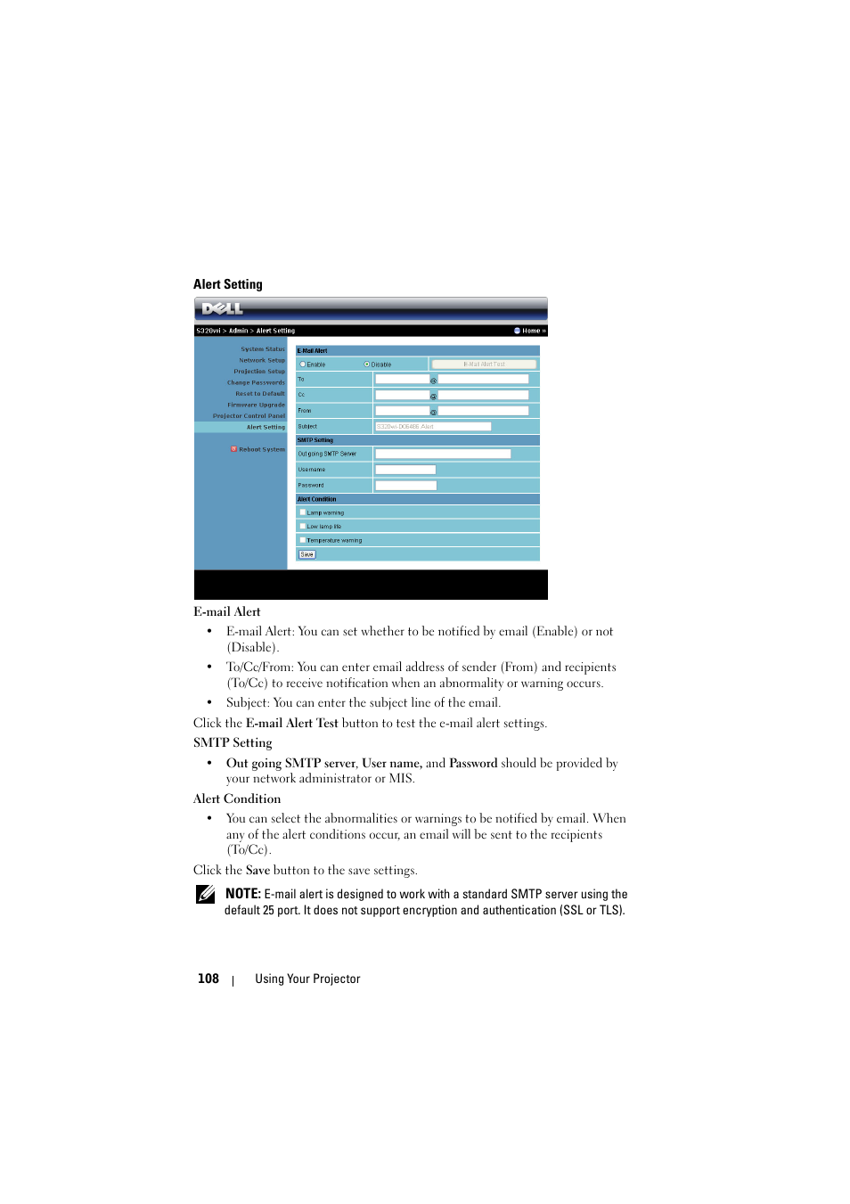 Alert setting | Dell S320wi Projector User Manual | Page 108 / 152