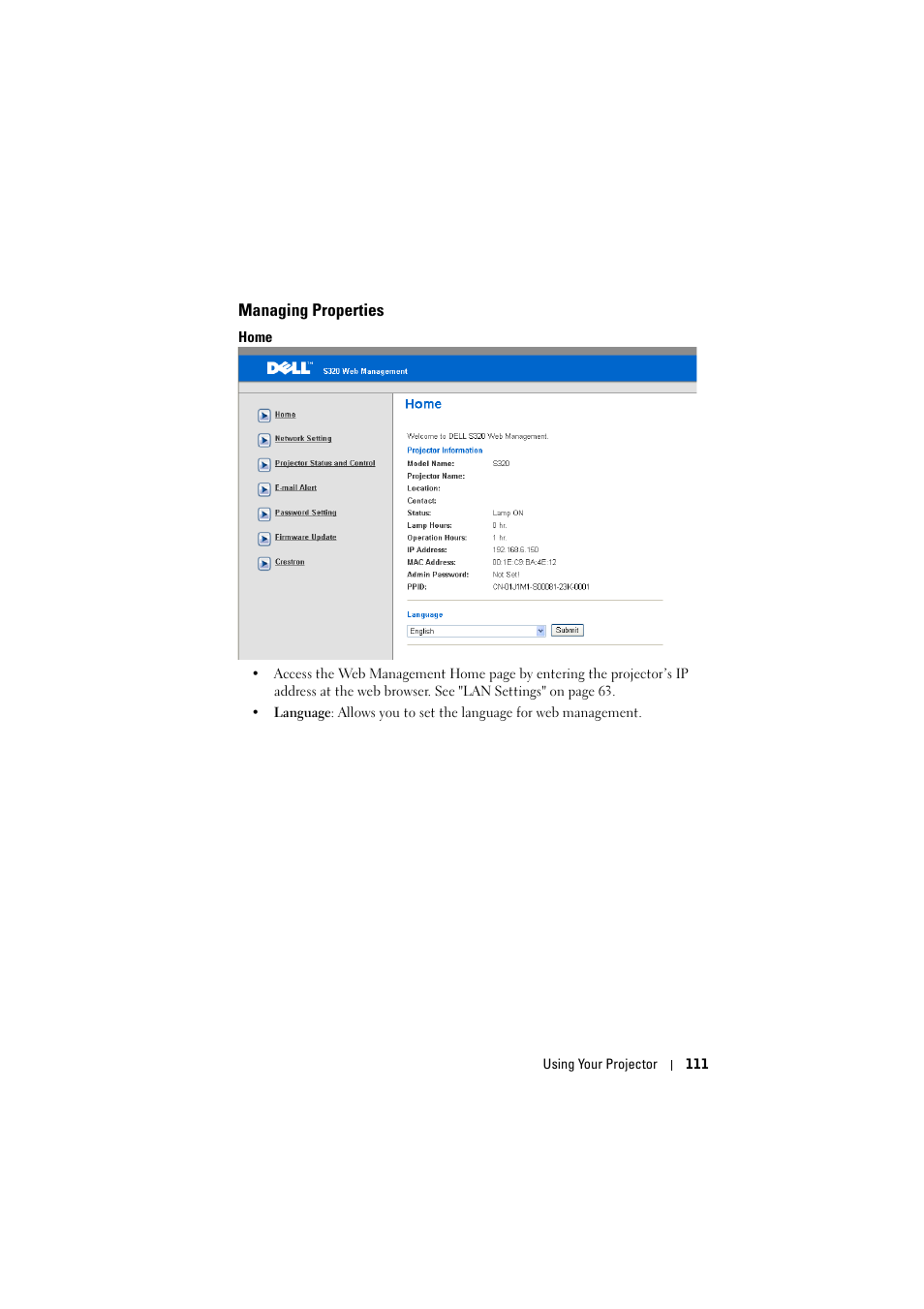 Managing properties, Home | Dell S320wi Projector User Manual | Page 111 / 152