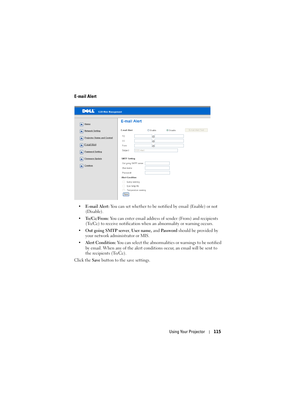 E-mail alert | Dell S320wi Projector User Manual | Page 115 / 152