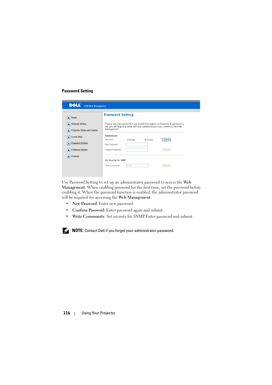 Password setting | Dell S320wi Projector User Manual | Page 116 / 152