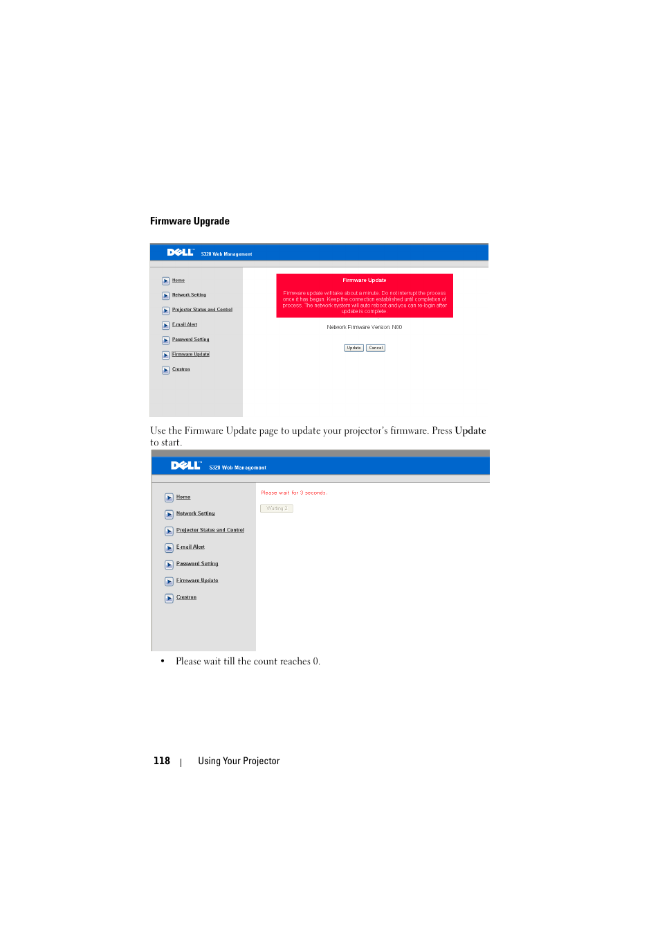 Firmware upgrade | Dell S320wi Projector User Manual | Page 118 / 152