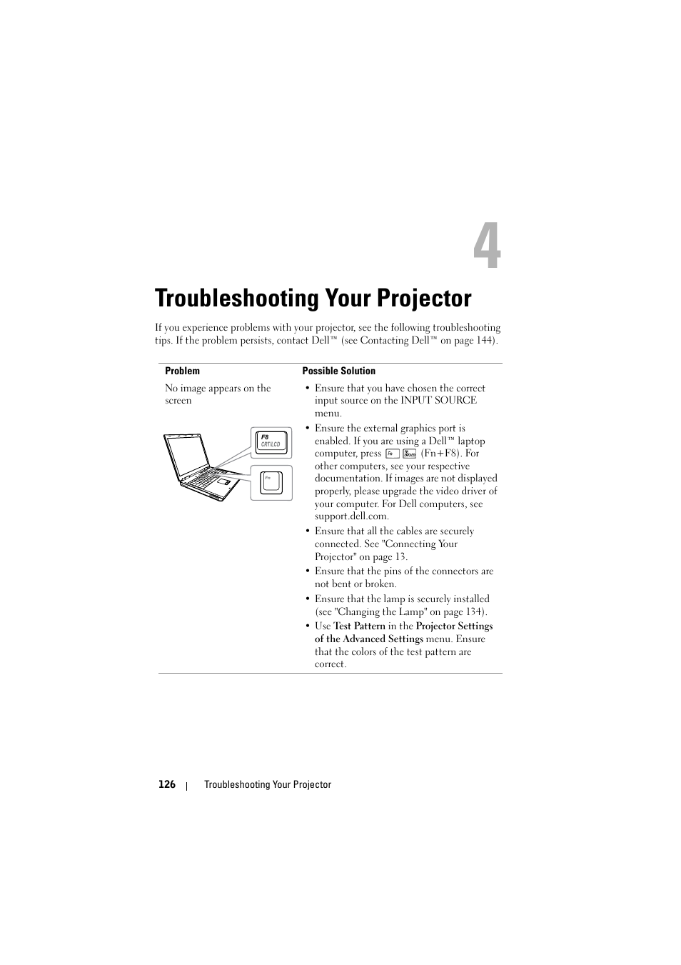 Troubleshooting your projector, See "troubleshooting your, Troubleshooting your | Dell S320wi Projector User Manual | Page 126 / 152