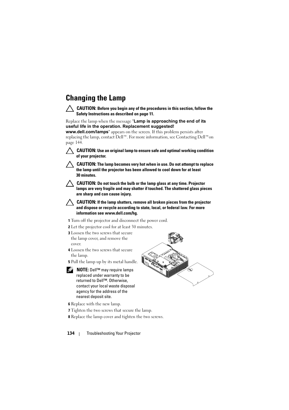 Changing the lamp | Dell S320wi Projector User Manual | Page 134 / 152