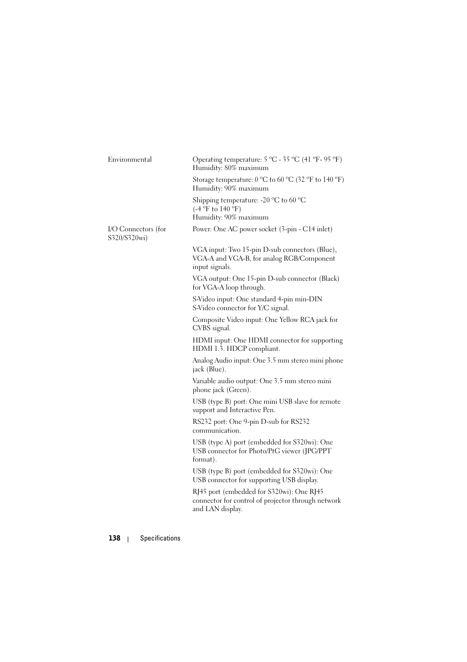 Dell S320wi Projector User Manual | Page 138 / 152