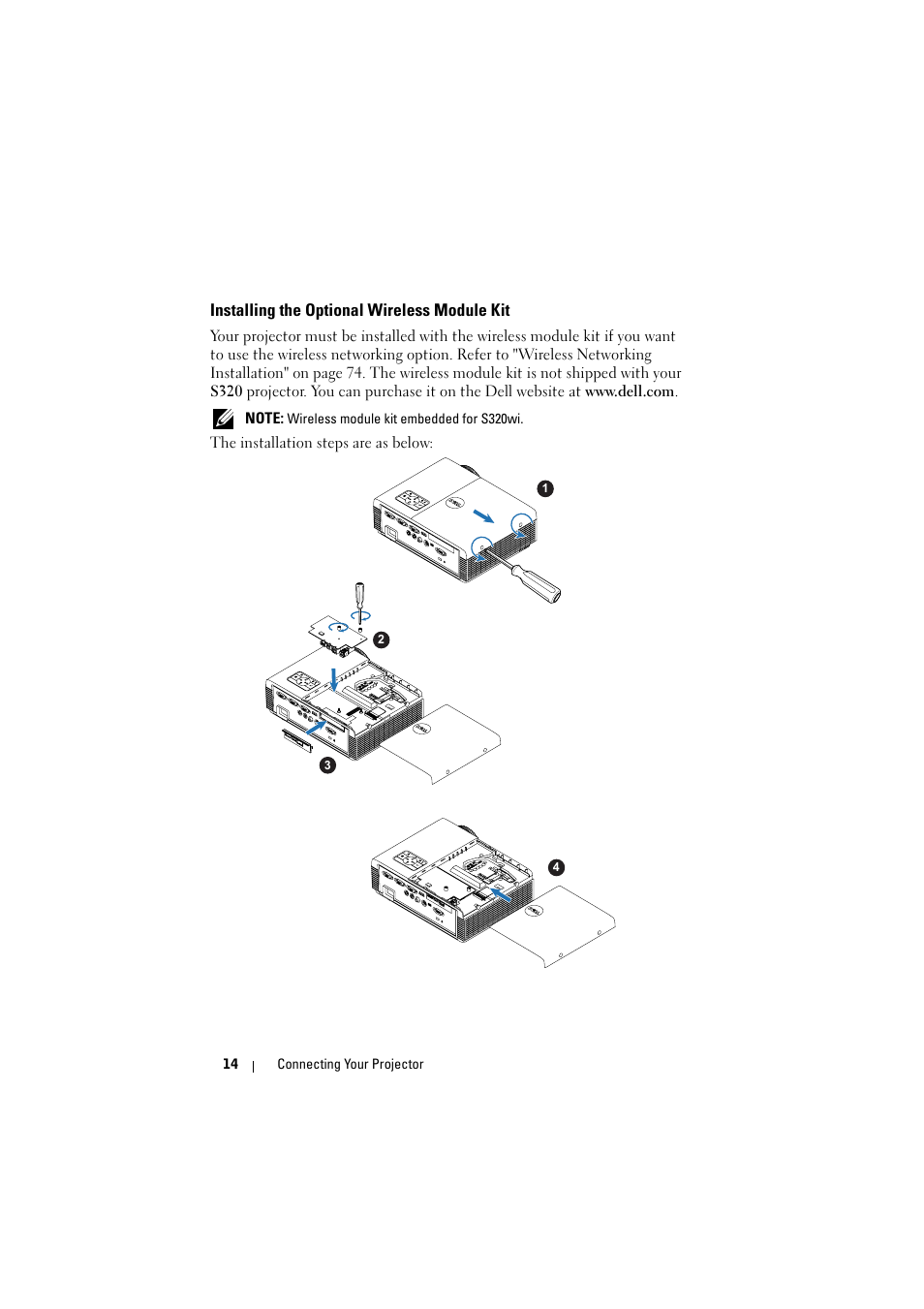 Installing the optional wireless module kit | Dell S320wi Projector User Manual | Page 14 / 152