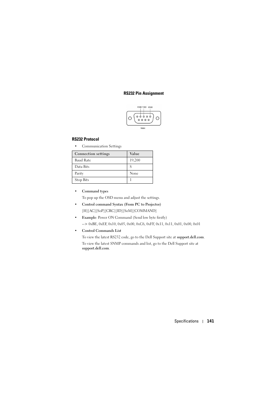 Rs232 pin assignment, Rs232 protocol | Dell S320wi Projector User Manual | Page 141 / 152