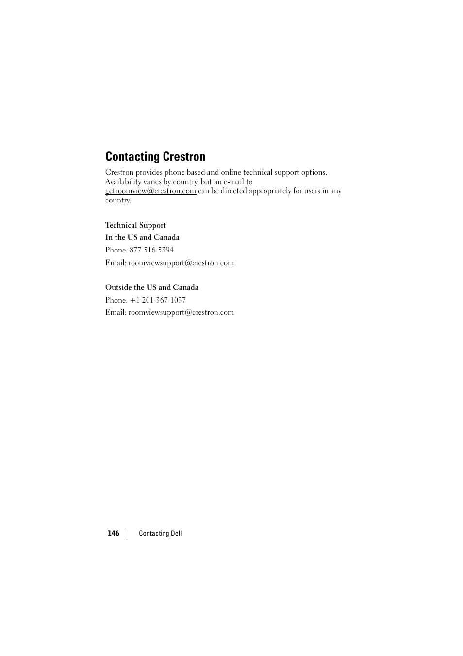 Contacting crestron | Dell S320wi Projector User Manual | Page 146 / 152