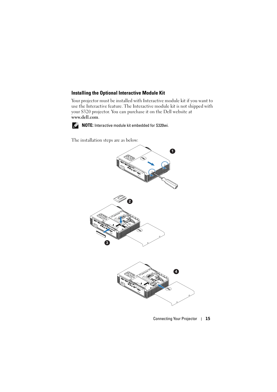 Installing the optional interactive module kit | Dell S320wi Projector User Manual | Page 15 / 152