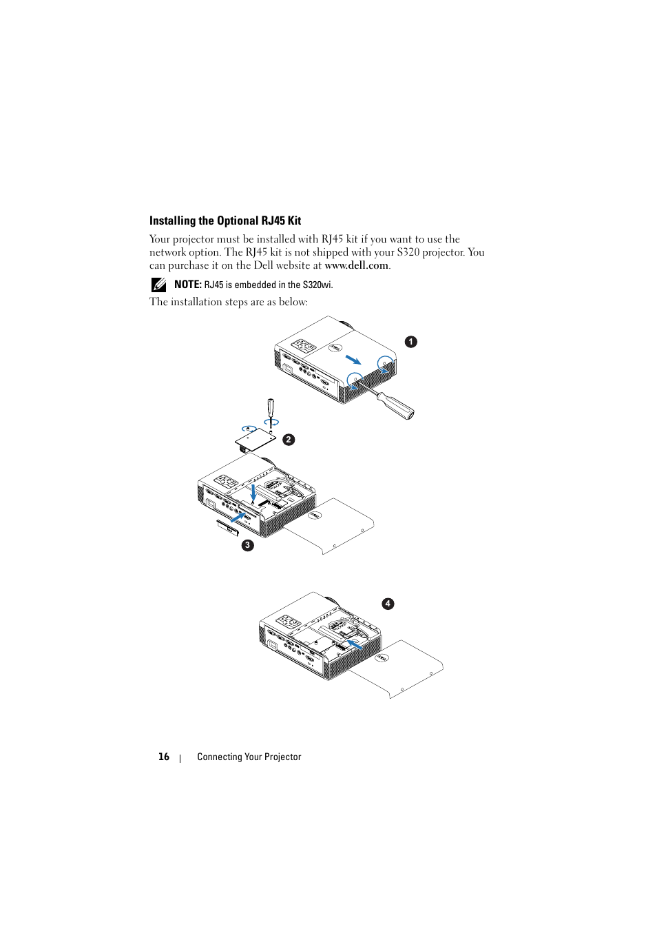 Installing the optional rj45 kit | Dell S320wi Projector User Manual | Page 16 / 152