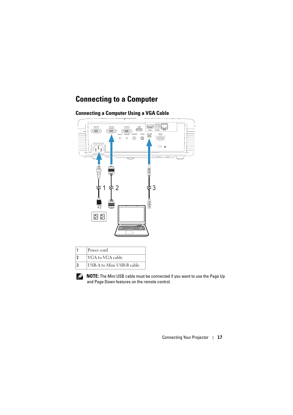 Connecting to a computer, Connecting a computer using a vga cable | Dell S320wi Projector User Manual | Page 17 / 152